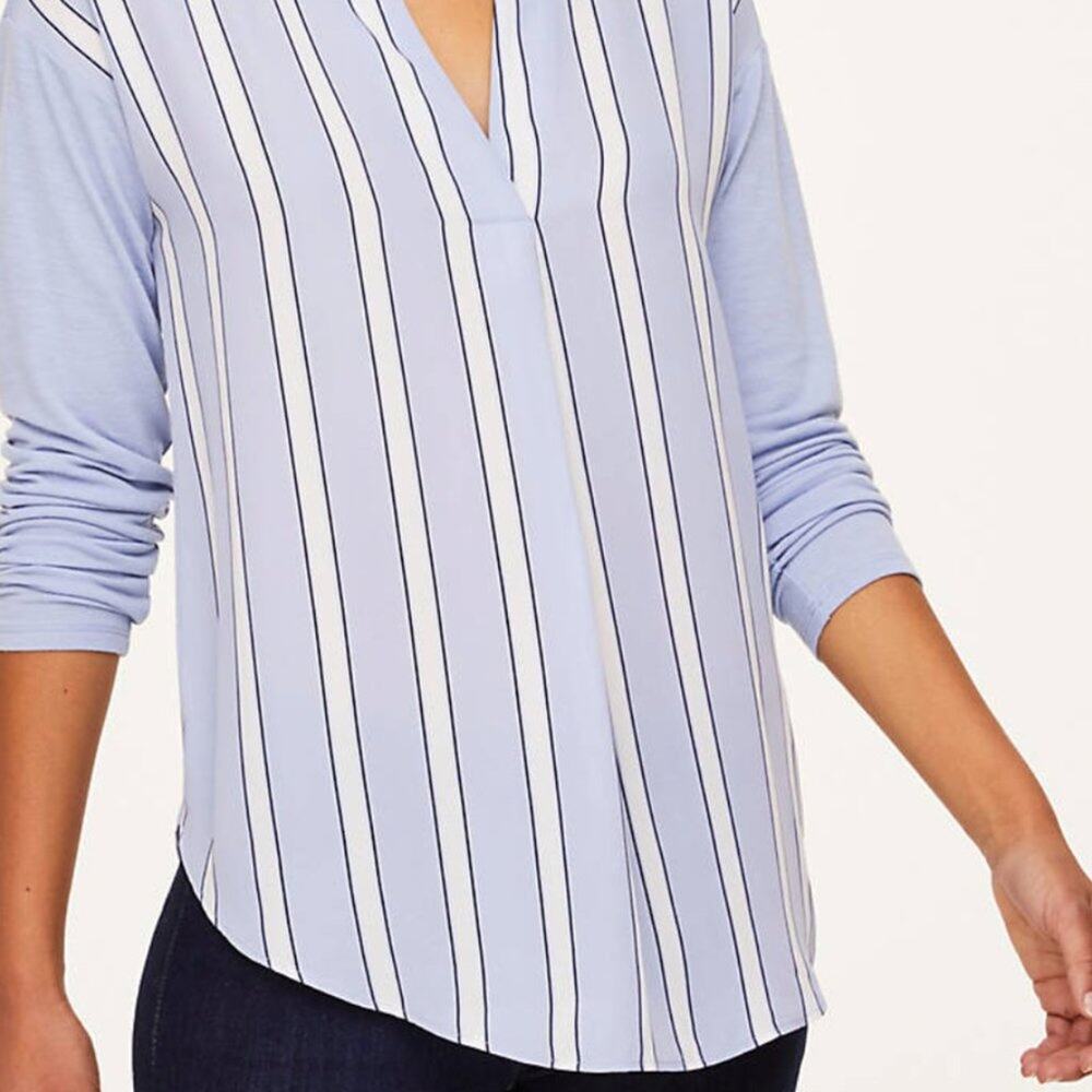 Loft Blue Striped V-Neck Mixed Media Top - Picture 5 of 16